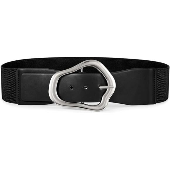 ✨ Wide Black Stretch Belt | Gold-Toned Buckle | Elastic & Leather Waist Cinch |